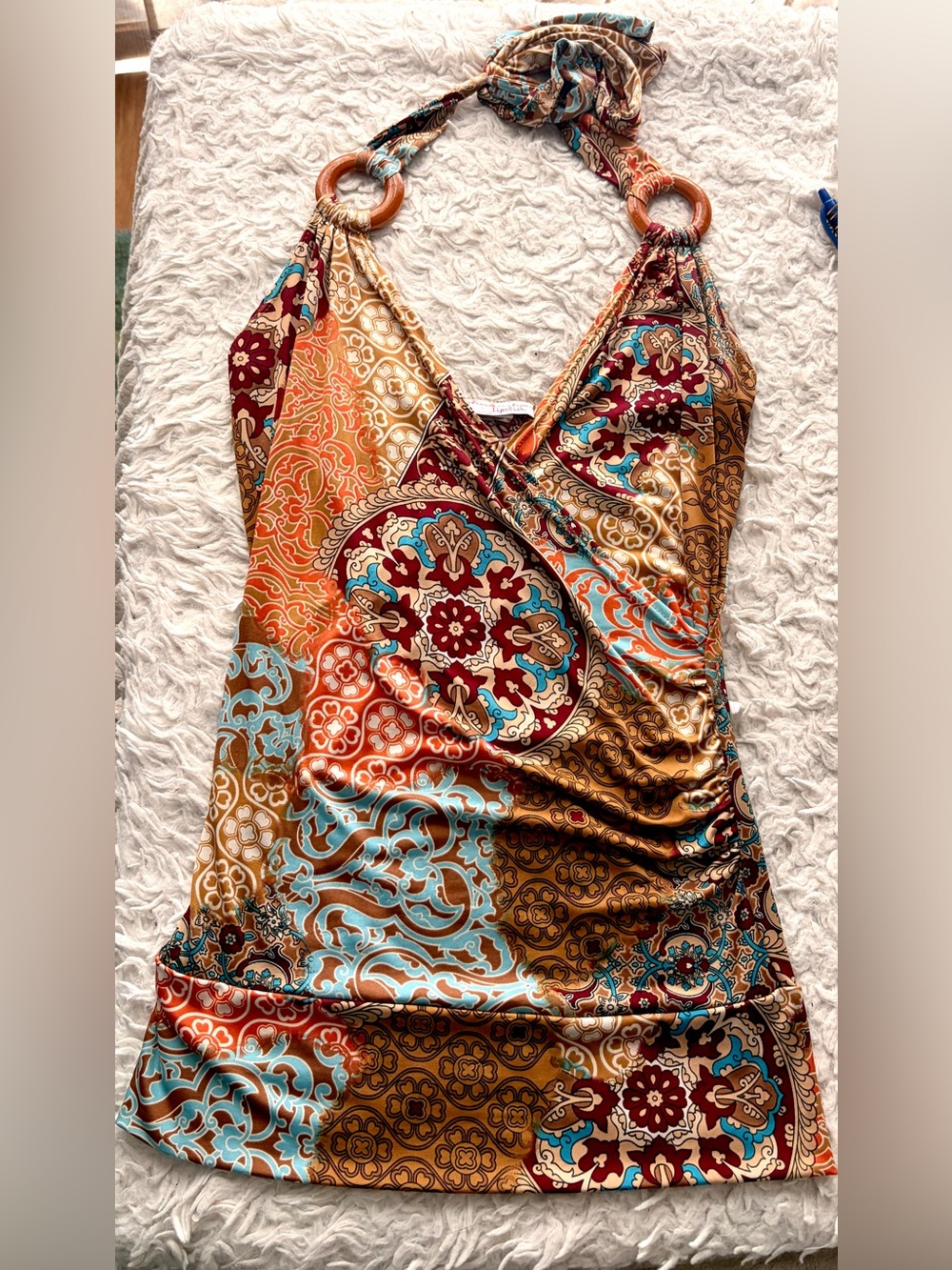 Vintage Y2K Lipstick Bohemian Patchwork Halter Top Wood O-Rings
